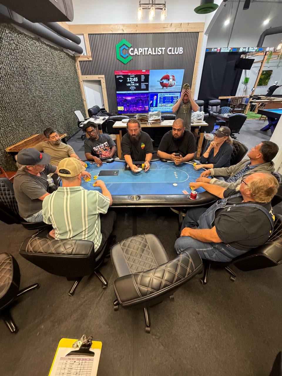 Members gathered around a poker table during Competitive Networking Night